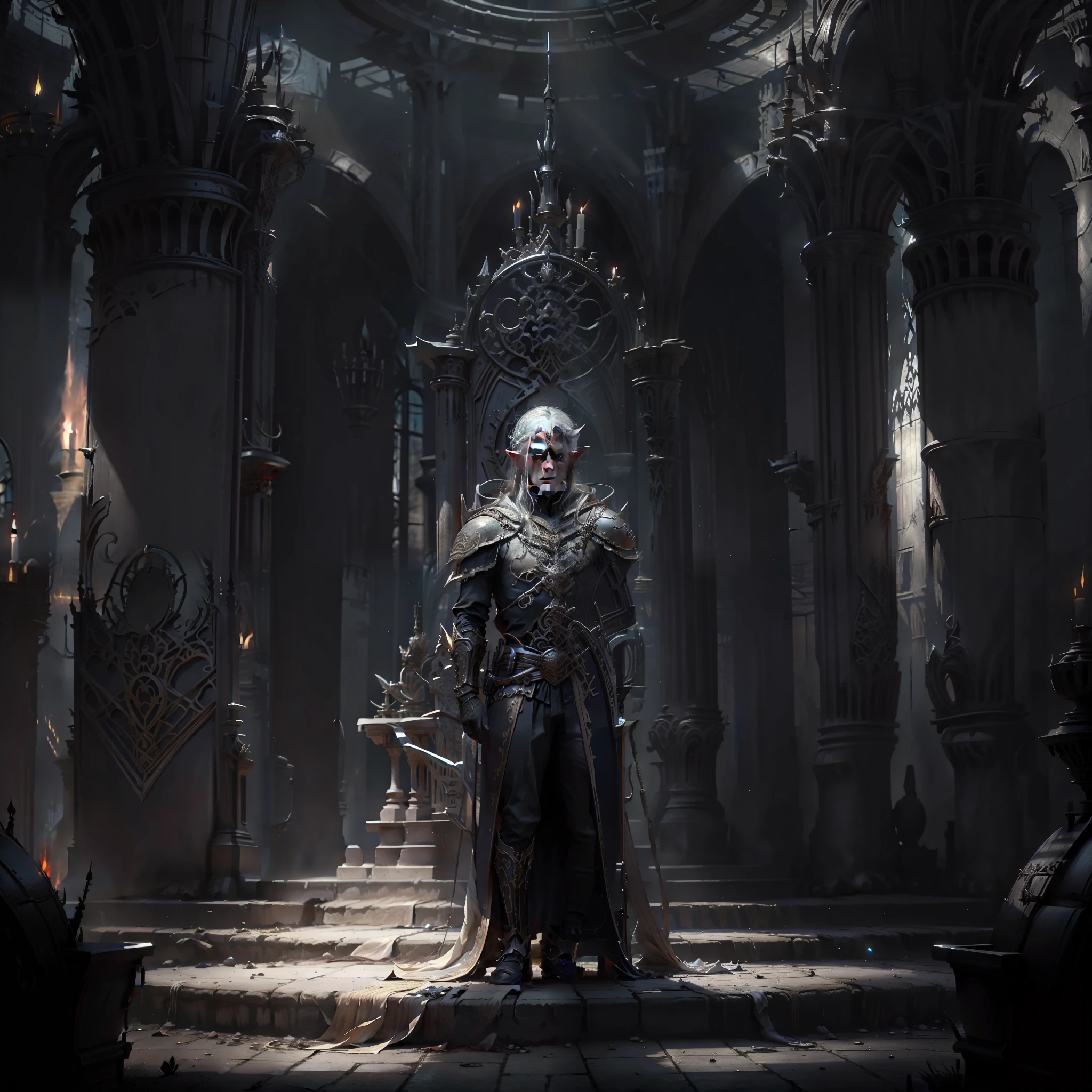 Молодой король эльфов стоит посреди тронного зала, темный свет, тени