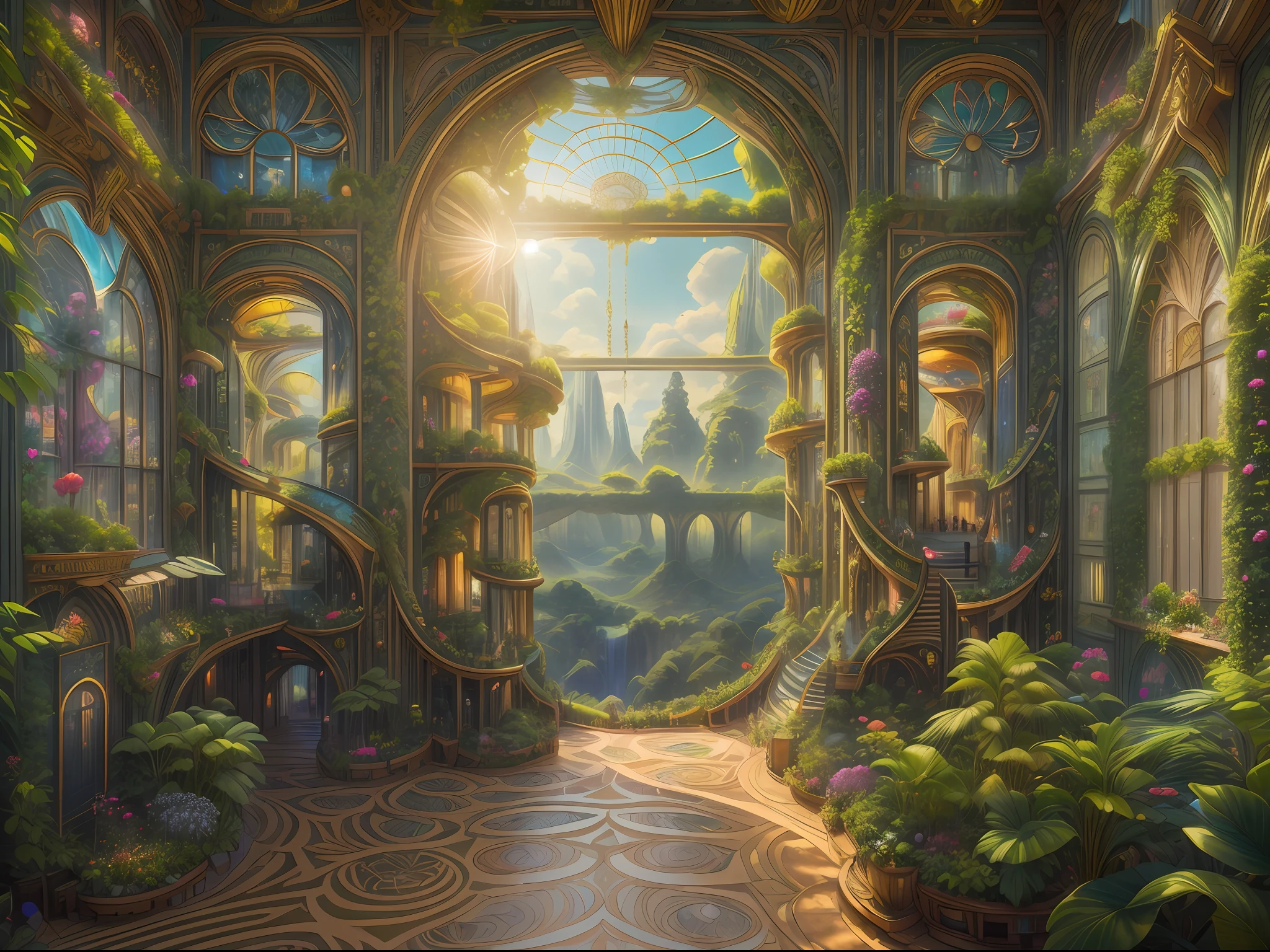 Title: "Solarpunk Dreamscape: The Royal Botanical Sanctuary" | This ornate botanical bedroom, inspired by the opulence of Versailles, invites viewers to immerse themselves in a world of wonders. (((Generate an ornate solarpunk and botanical elegant bedroom in the style of Versailles with a grand historical window.))) The grand historical window, adorned with intricate carvings, dominates one wall. Through the colossal window, a bustling solarpunk dreamscape cityscape unfolds. The cityscape is a marvel of breathtaking complexity - a futuristic metropolis that glimmers with countless colors and buildings of various sizes, an awe-inspiring testament to human creativity and architectural prowess. The solarpunk dreamscape cityscape is a symphony of vibrant colors, reminiscent of a utopian paradise. The buildings stretch into the sky, each one featuring imaginative solarpunk details - rooftop gardens adorned with lush greenery, cascading waterfalls powered by sustainable energy, and whimsical elements that spark the imagination. This high-resolution, 3D-rendered cityscape is a masterpiece of digital art, seamlessly blending the worlds of fantasy and sci-fi. In this fantastical dreamscape, beauty is found in the subtlest of details. Delicate tendrils of ivy climb gracefully up the walls, while gentle petals from floating flowers dance through the air. Exquisite tapestries and paintings of mythical creatures adorn the walls, each telling its own enchanting story.