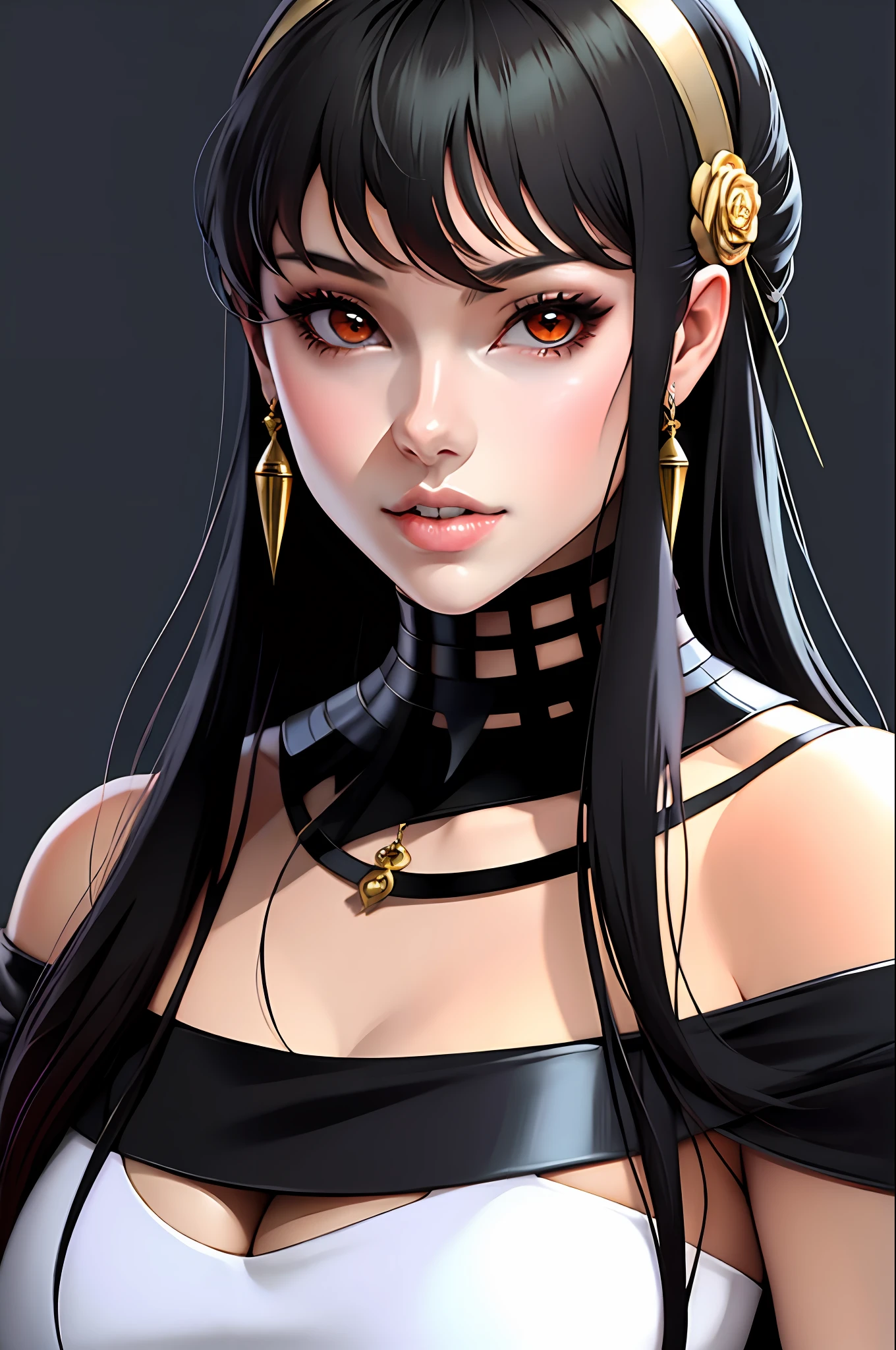 A close up of a woman with long black hair wearing a choke - SeaArt AI