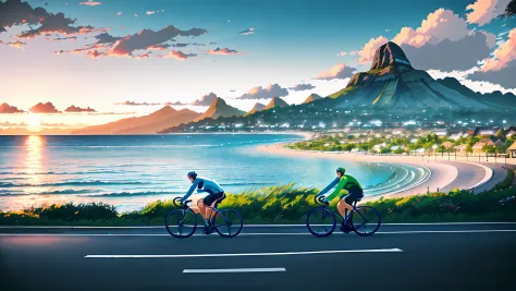 (bicycle:1.5), (Realistic bike: 1.5), (realistic cyclist: 1.5), cycliste de dos, tahiti, plage, palmiers, mer, sable, sunset, Landscaped background, ombres, contraste, makoto shinkai (beste-Qualit:1.3), (Highres:1) Art par Studio Ghibli Style, Impressionni...