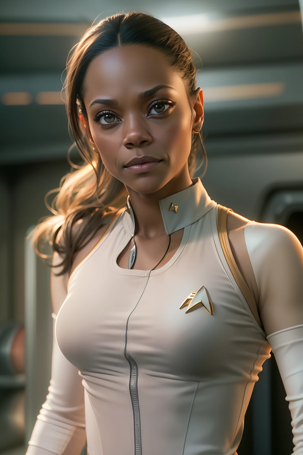 ((Zoe Saldana guckt neugierig)), ((she has round breasts)), ((Startrek)), (ds9st uniform), ((Uniform-Hose)), ((white tank top)), (sie steht in ihrer Kabine auf der Enterprise), (kleiner Kopf), ((detailliertes Gesicht)), Weiches filmisches Licht, ((((Kino-Look)))), (fotorealistisch), (Raytracing), (scharfer Fokus), ((natural realistic skin texture)), detailliertes Gesicht, detaillierte Lippen, detaillierte Augen, doppeltes Augenlid