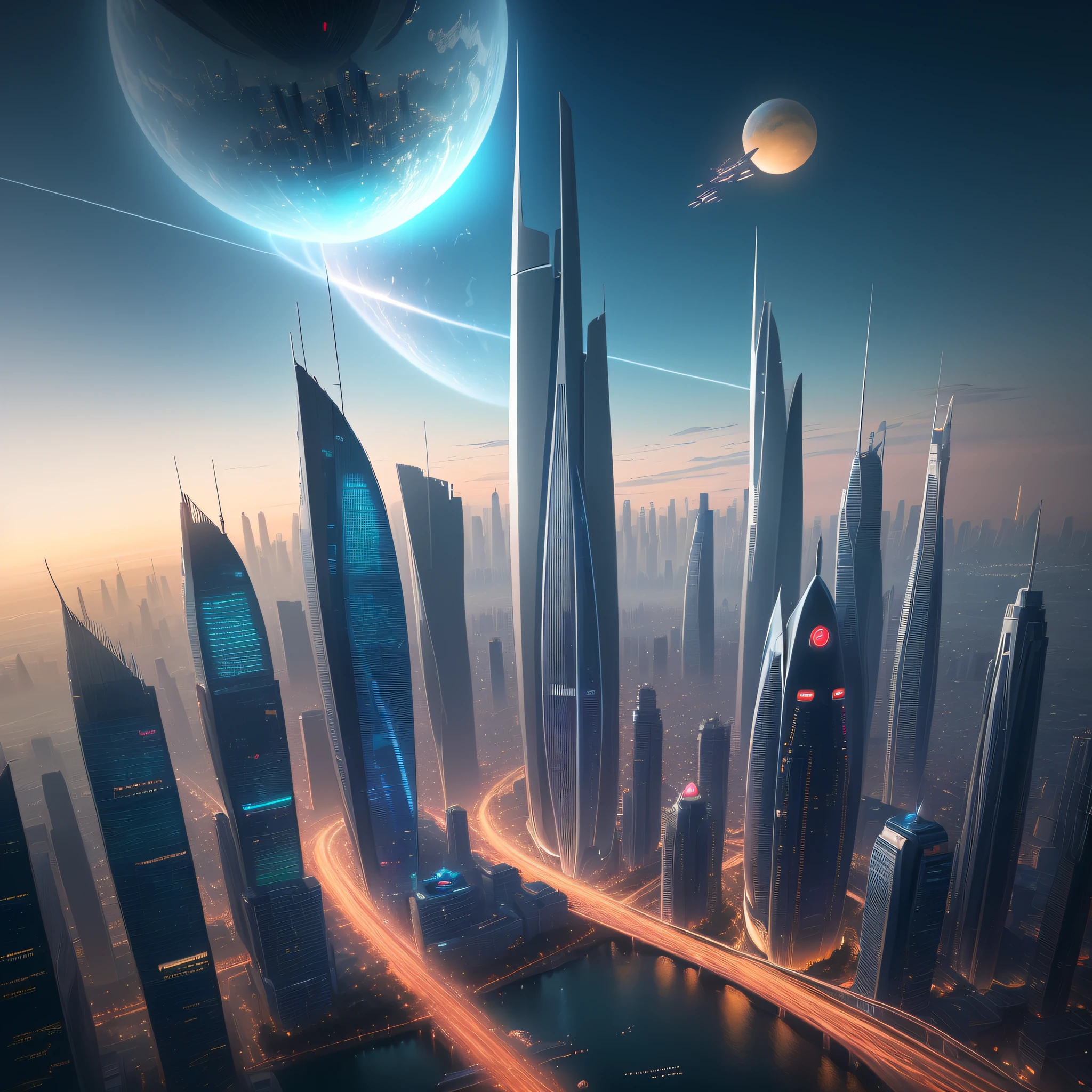 surrealism, conceptual art, hyperrealism, cinematic lighting, cinematic lighting, abstractionism, UHD, masterpiece, high details, award winning, best quality, high-resolution images of future cities, City skyline view with lake and park, illustration by Chasbiao, shutterstock, Art Nouveau, Dubai. The ultra-wide vision of the urban landscape, the sci-fi architecture that breaks through the imagination, all buildings have a sense of science and technology, full of science and technology. Sci-fi blockbuster déjà vu. There is a planet floating in the sky, ((flying cars flying between the buildings)). Architecture combined with light. Neon architecture. Beautiful city of the future, beautiful cityscape, science and technology city background, hou porcelain, there is a city in the background. Inspired by Makoto Shinkai's sought-after concept art and masterpieces on Pixiv, ultra-high resolution (authenticity: 1.4), ultra-high-quality, extremely detailed CG Unity 8k wallpapers, aesthetics, award-winning photography, realism, high detail, detail enhancement, blur removal, intricacies, travel art. Punk, visually stunning. Beautiful futuristic city, beautiful city, Chinese dream land, pexels, blue hour photography, Chinese dreamland, spectacular clouds, fantasy clouds, dreamy lights