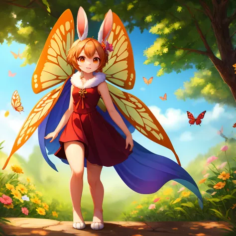Bipedal creature resembling a rabbit, peach colored butterfly wings, butterfly antenna, fairy-like, masterpiece, best quality