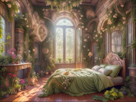 Solarpunk Dreamscape: The Royal Botanical Sanctuary | Generate an ornate botanical bedroom in the style of Versailles in a solar...