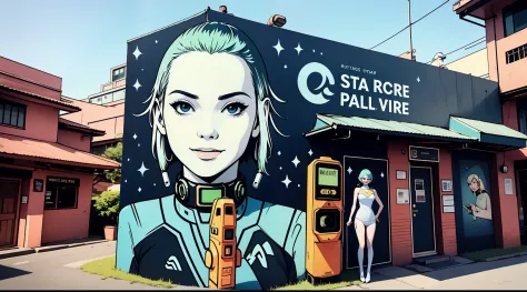 A stunning street art mural of a (solo girl) in a (sexy Star Trek uniform), posing with a smile and a tricorder in front of the ...