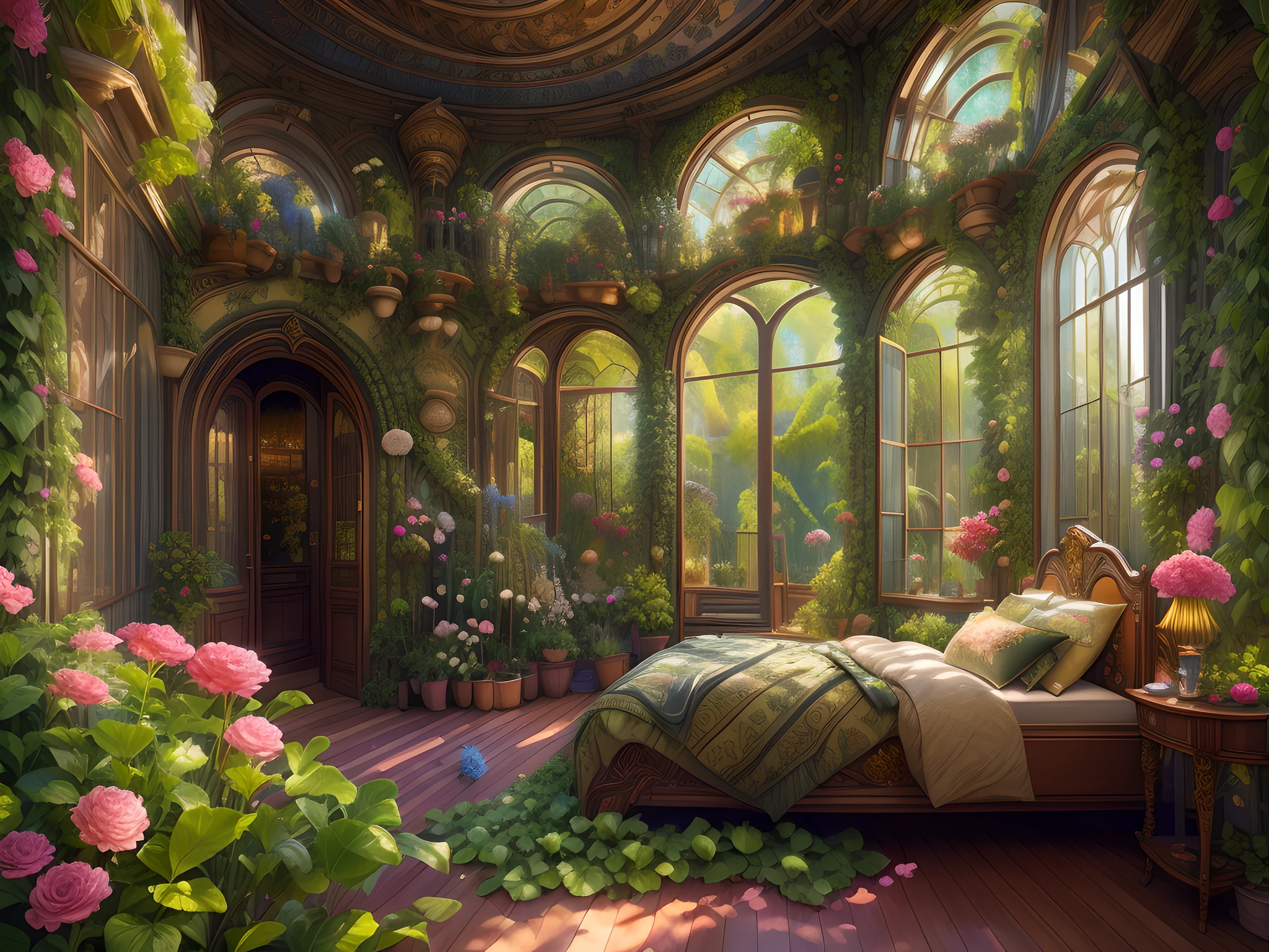 Solarpunk Dreamscape: The Royal Botanical Sanctuary | Generate an ornate botanical bedroom in the style of Versailles in a solarpunk world. There is a giant historical window in the bedroom. The giant French historical window is adorned with intricate carvings and dominates one wall. Through the massive window, a colorful and intricate solarpunk cityscape is visible. The cityscape is bustling and interesting, with many small details and high visual interest. The bedroom is peaceful, with many elegant flowers and flowered ivy among the rich silk fabric and hardwood floor. Take inspiration from rooftop gardens, royal french gardens, beautiful rose gardens, and whimsical fantasy. Include beautiful fantasy details and touches, including fantasy water, books, 3D touches, and delicate tendrils of ivy. Camera: Utilize innovative lighting techniques to emphasize the realism and beauty of the image. Delicate flower petals from floating flowers dance through the air. Utilize dynamic composition to create a compelling image.