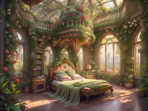 Solarpunk Dreamscape: The Royal Botanical Sanctuary | Generate an ornate botanical bedroom in the style of Versailles in a solar...