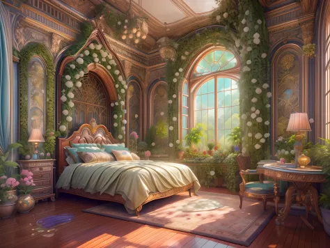 Solarpunk Dreamscape: The Royal Botanical Sanctuary | Generate an ornate botanical bedroom in the style of Versailles in a solar...