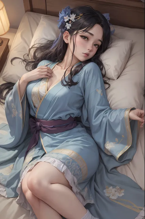 arafe woman in blue kimono lying on pillow, in a kimono, flowing hair and long robes, anime girl cosplay, wearing a long flowing...