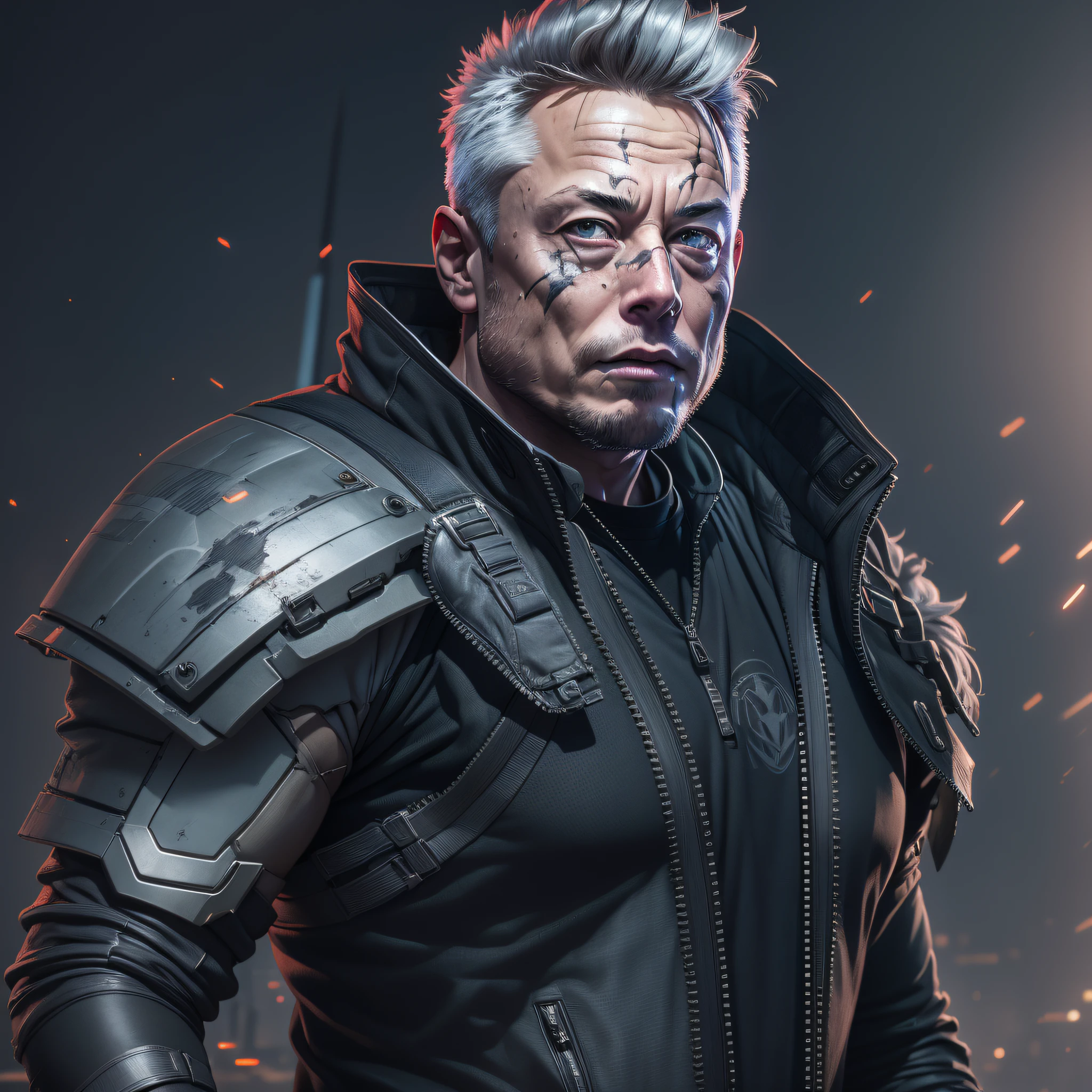 masterpiece, best quality, elon musk, wearing cyberpunk costume, very muscular, athletic, huge, gray hair, gray hair, scars, warrior, barbarian, sfw, 5, futuristic dystopia