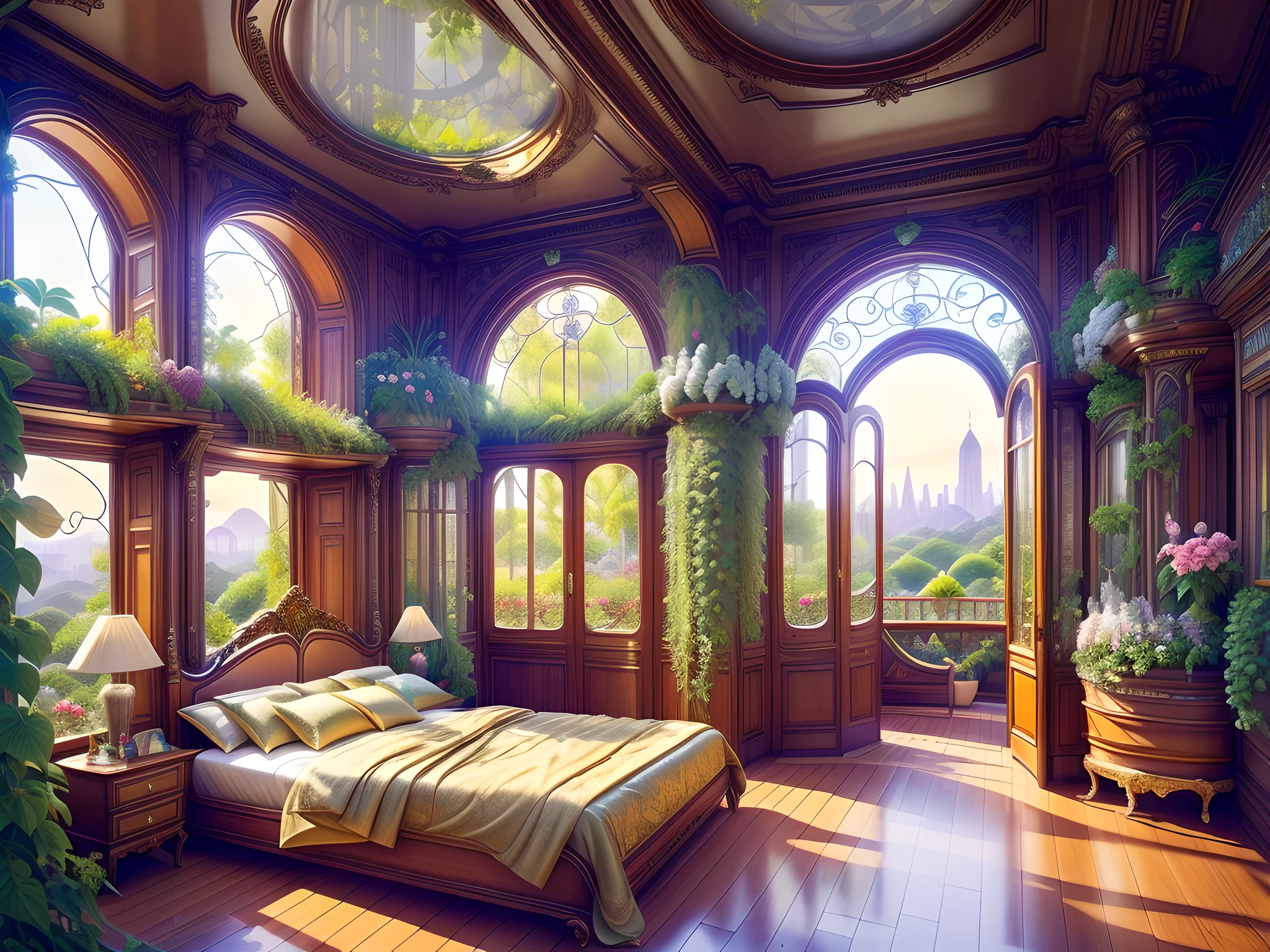 Solarpunk Dreamscape: The Royal Botanical Sanctuary | Generate an ornate botanical bedroom in the style of Versailles in a solarpunk world. There is a giant historical window in the bedroom. The giant French historical window is adorned with intricate carvings and dominates one wall. Through the massive window, a colorful and intricate solarpunk cityscape is visible. The cityscape is bustling and interesting, with many small details and high visual interest. The bedroom is peaceful, with many elegant flowers and flowered ivy among the rich silk fabric and hardwood floor. Take inspiration from rooftop gardens, royal french gardens, beautiful rose gardens, and whimsical fantasy. Include beautiful fantasy details and touches, including fantasy water, books, 3D touches, and delicate tendrils of ivy. Camera: Utilize innovative lighting techniques to emphasize the realism and beauty of the image. Delicate flower petals from floating flowers dance through the air. Utilize dynamic composition to create a compelling image.