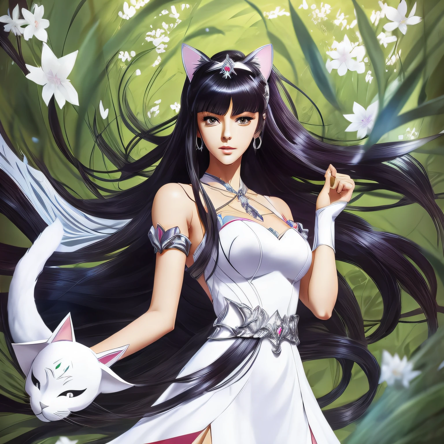 Anime girl with long black hair and white dress holding a cat - SeaArt AI