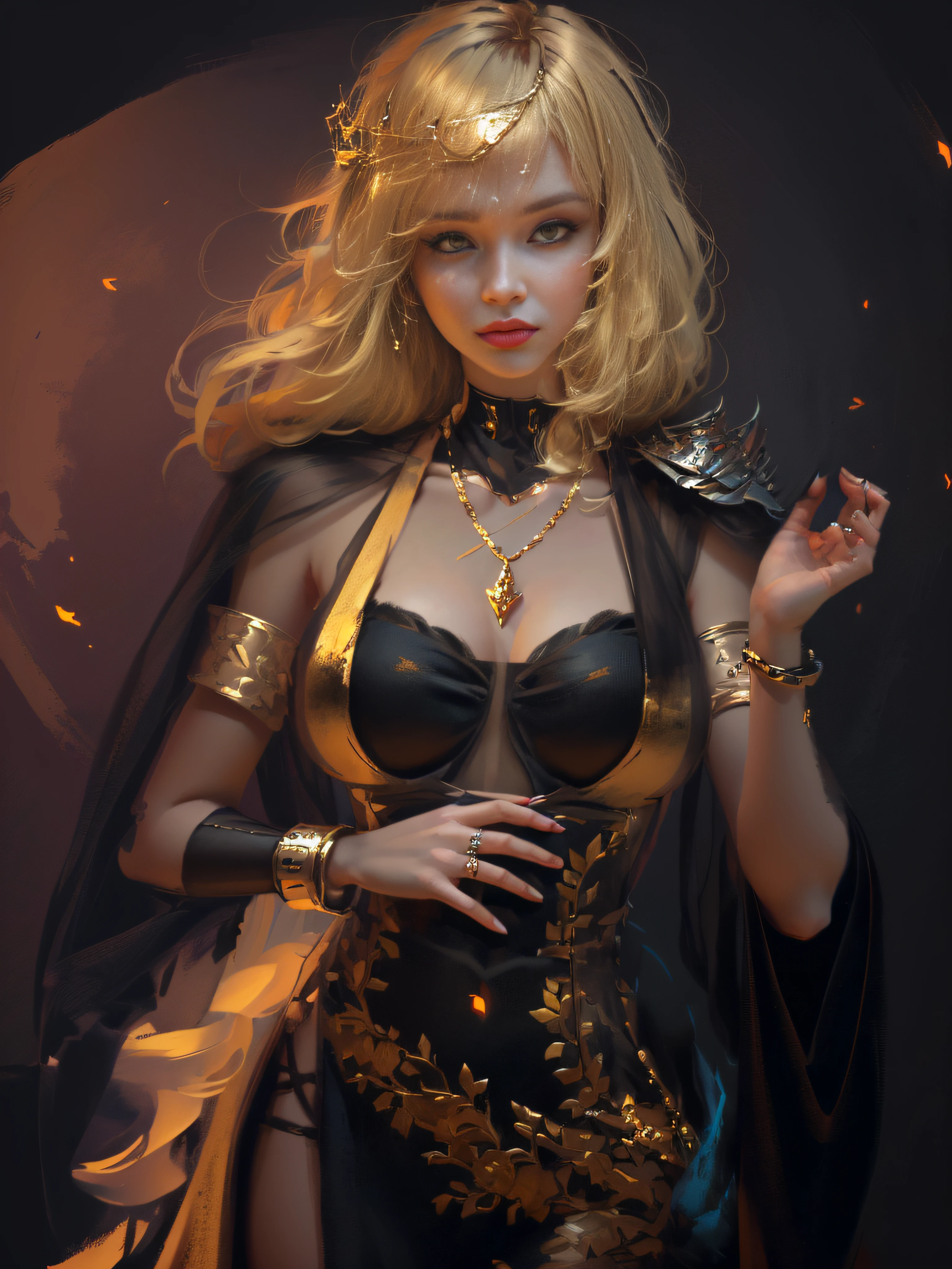 首に金の鎖を巻いた黒いドレスを着た金髪の女性, うわー art, art of うわー, deviantart artstation cgscosiety, WLOPに触発されて, intricate うわー, ((美しいファンタジーの皇后)), ファンアート 最高のアートステーション, 壮大で精巧なキャラクターアート, うわー |, うわー and artgerm, 金髪の女神