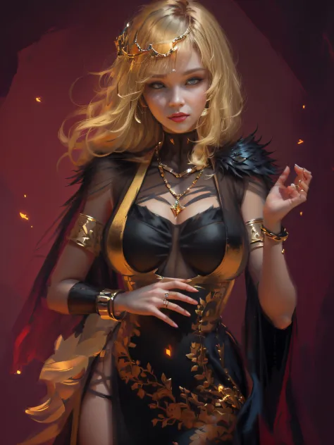 blond haired woman in a black dress with a gold chain around her neck, wlop art, art of wlop, deviantart artstation cgscosiety, ...