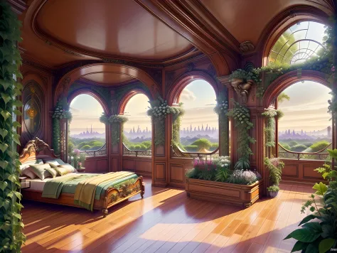 Solarpunk Dreamscape: The Royal Botanical Sanctuary | Generate an ornate botanical bedroom in the style of Versailles in a solar...