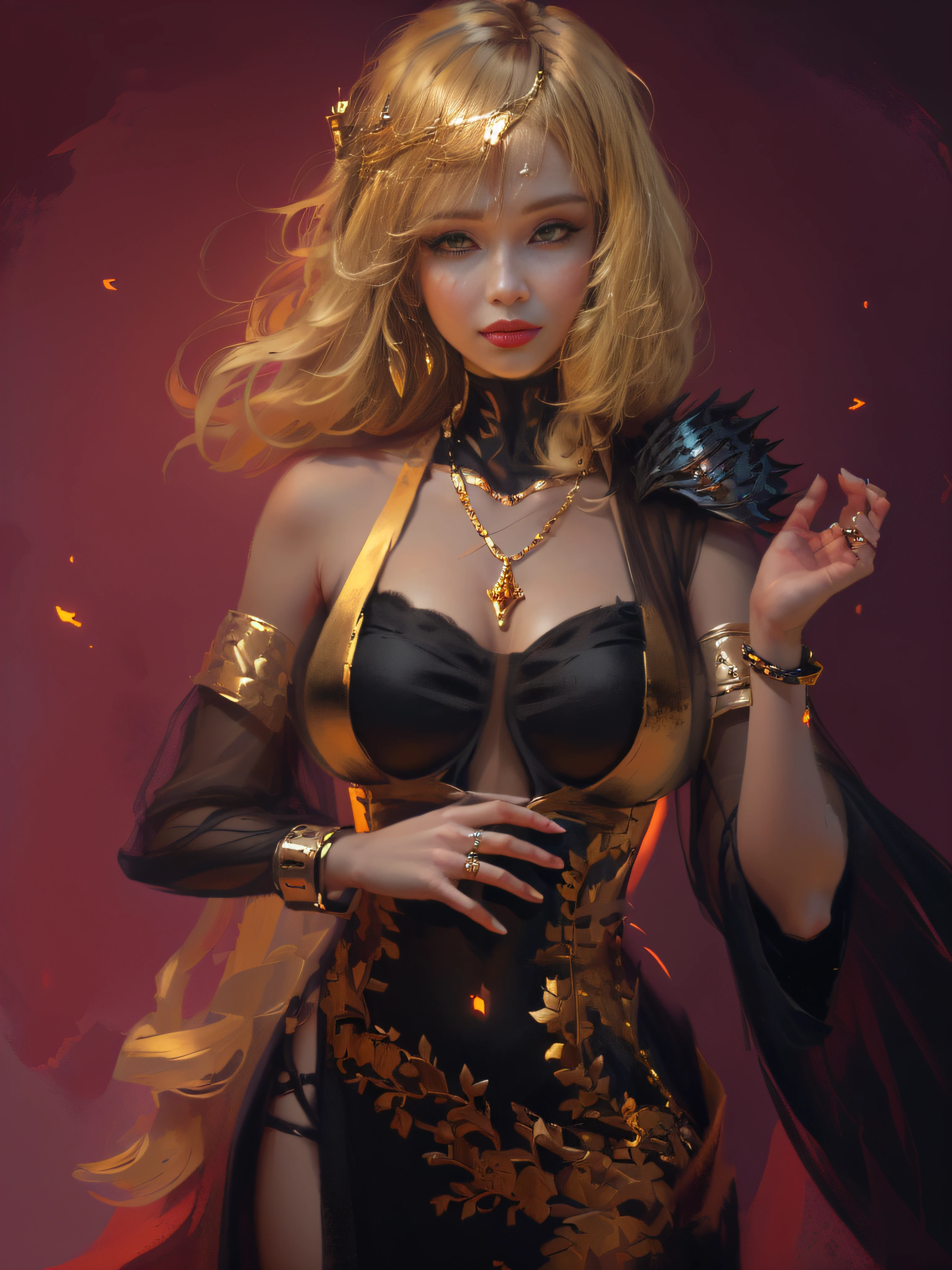 首に金の鎖を巻いた黒いドレスを着た金髪の女性, うわー art, art of うわー, deviantart artstation cgscosiety, WLOPに触発されて, intricate うわー, ((美しいファンタジーの皇后)), ファンアート 最高のアートステーション, 壮大で精巧なキャラクターアート, うわー |, うわー and artgerm, 金髪の女神