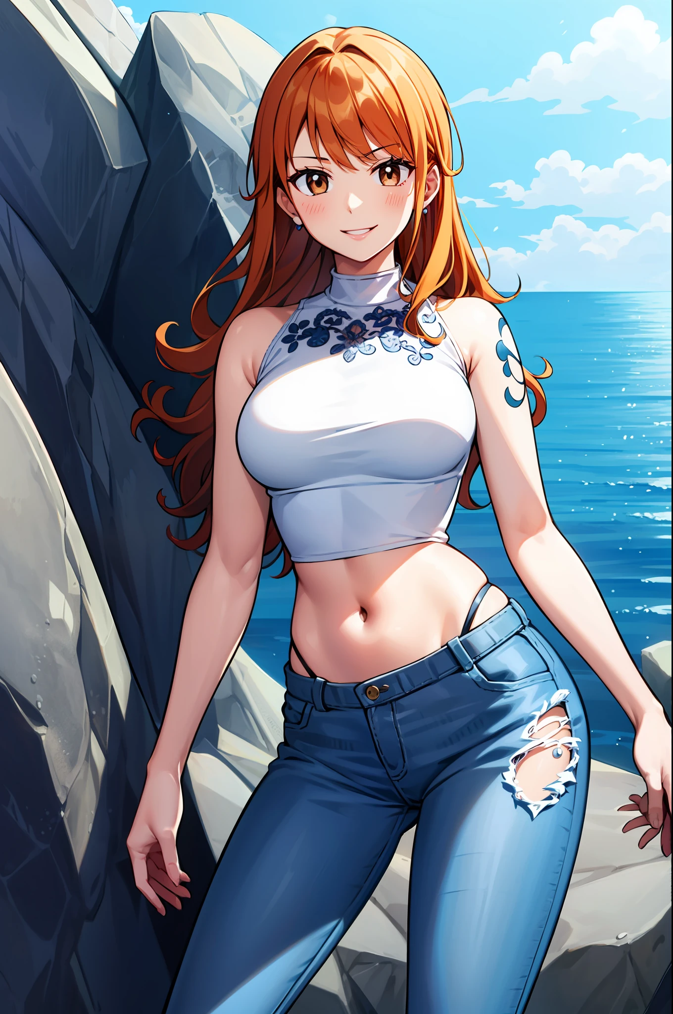 masterpiece,,((ultra detailed background, delicate pattern, intricate detail)), (highly detailed, fine details), best quality, beautiful lighting, ((medium breasts, slim girl)), NamiFinal, ((crop top ,denim jeans)), simple shirt, 1girl, orange hair, solo, long hair, jewelry, brown eyes, smile, earrings, ((blue tattoo, left shoulder tattoo)), (complex detailed background, barren land, rocks, ocean, oustide, nature environment), (cowboy shot),