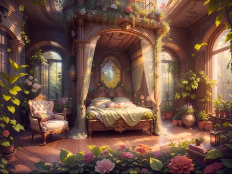 Solarpunk Dreamscape: The Royal Botanical Sanctuary | Generate an ornate botanical bedroom in the style of Versailles in a solar...