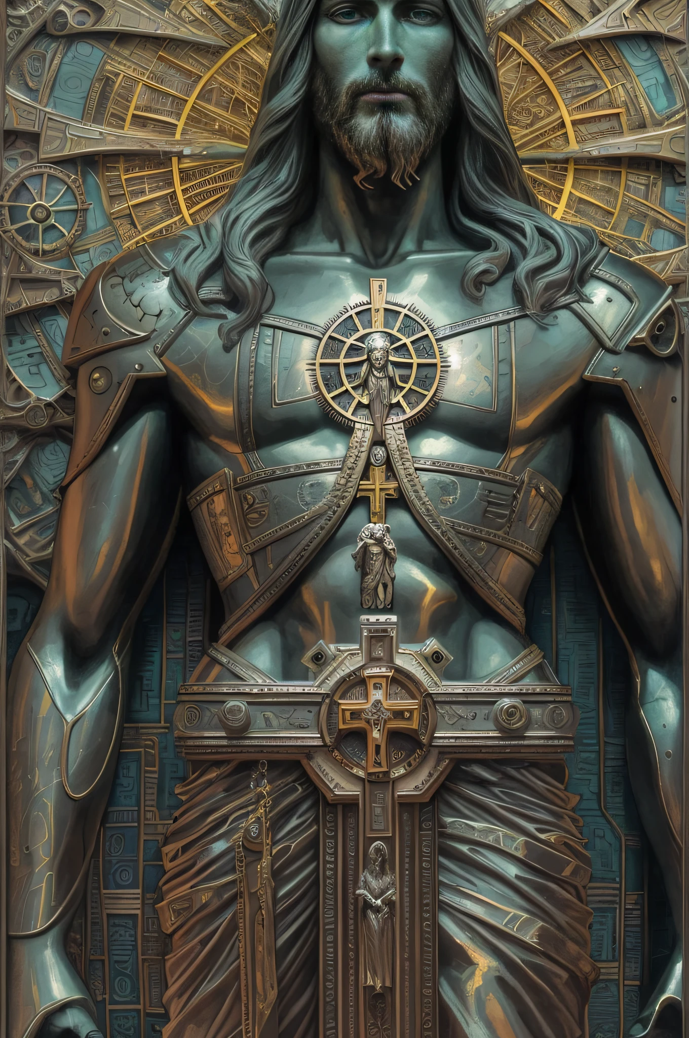 胸前有十字架的耶稣全身雕像的特写, cyberpunk 耶稣基督, 蒸汽朋克耶稣, 亚历克斯灰色艺术, 耶稣基督, 亚历克斯·格雷和古斯塔夫·多尔, 亚历克斯·格雷风格, 黑耶稣, 亚历克斯·格雷风格, tron legacy 耶稣基督, 作者：Alex Grey, 详细的 deity, 耶稣基督 in mass effect, 亚历克斯·格雷和贝克辛斯基, 高图像质量, 详细的.