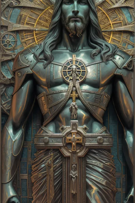 a close up of a full length jesus statue with a cross on his chest, cyberpunk jesus christ, steampunk jesus, alex gray art, jesu...