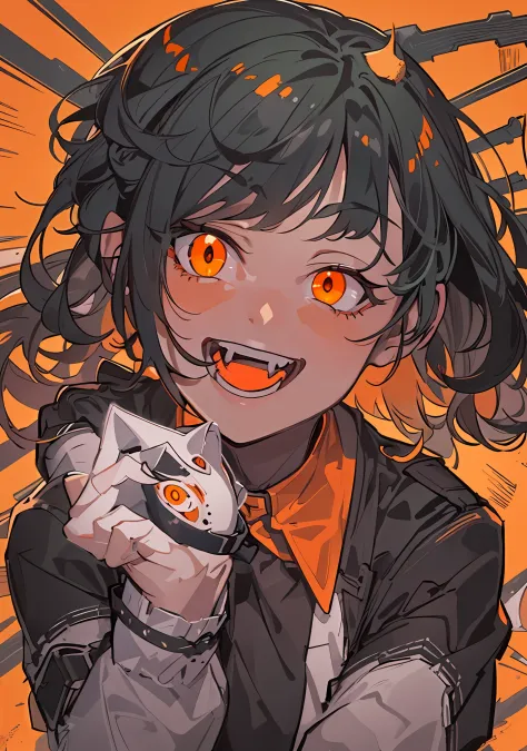 best quality, super detailed illustration, a  girl, (crazy orange eyes:1.2),(wide eyes:1.2), (short disheveled black hair:1.2),(...