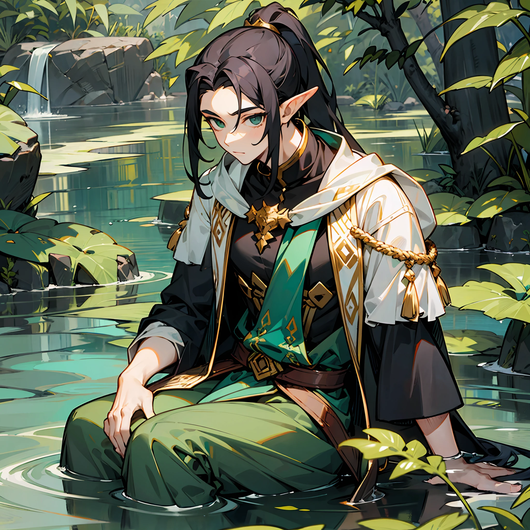 He's a elf! a tall young man, his face is pale, his ears are sharp. The eyes are green. His long black hair is tied in a low ponytail at the back of his head.  He sits in the water