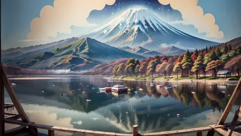top-quality、ukiyoe painting、The lakeside in front of Mt. Fuji、One girl、a smile、during daytime、