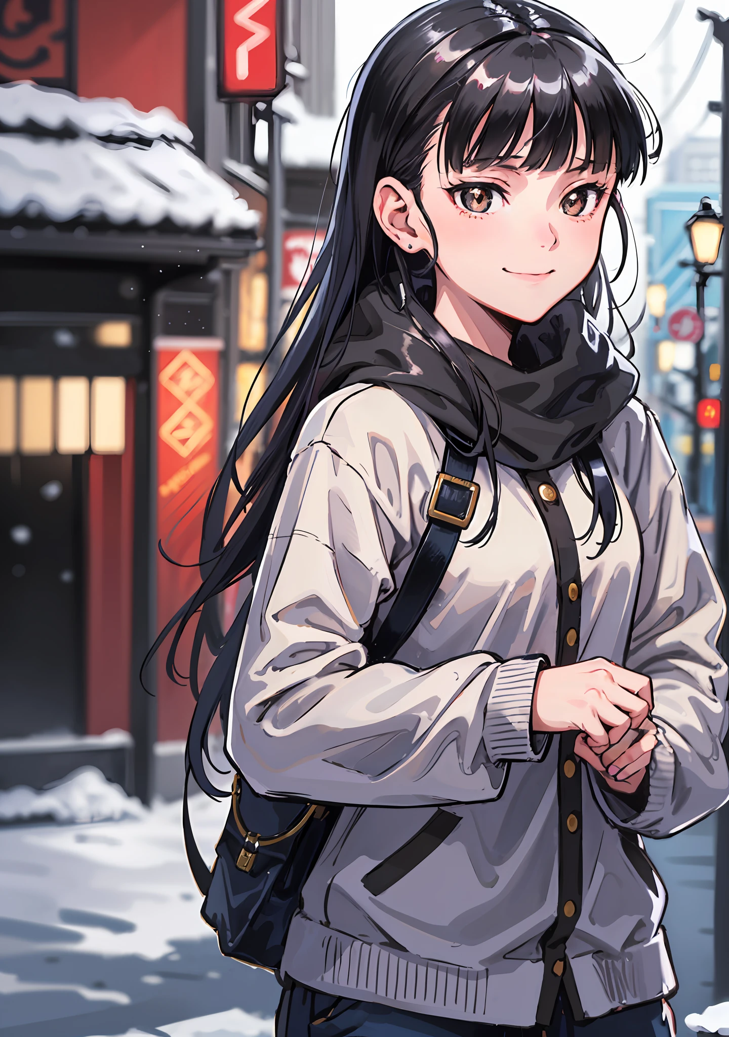 (highres, best quality:1.2), 1girl, Shimada fumikane artstyle, 1girl, sparkling eyes, radiance, soft contours, beautiful drawing, upper body, concept art, neon light, eyelashes, long black hair, sakamoto mio , brown eyes, casual wear, smile, winter, snow