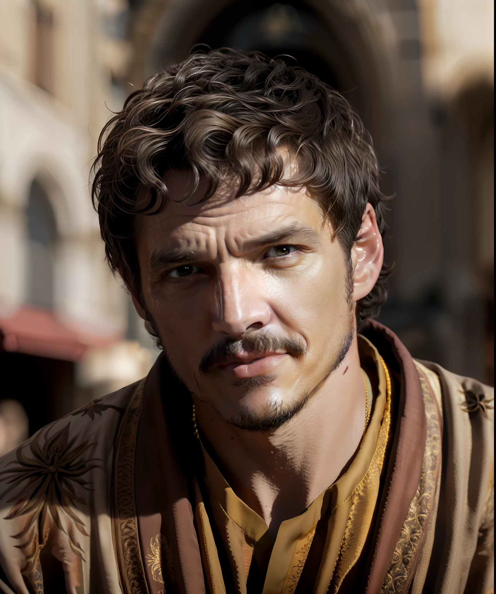 medium photo of man (pedro pascal:1.05),playing Oberyn Martell,24mm,4k textures,soft cinematic light,highly detailed,sharp focus,hyperdetailed,low contrast,exposure blend,gold accents reflecting,gold jewelry,(brown eyes:1.35)