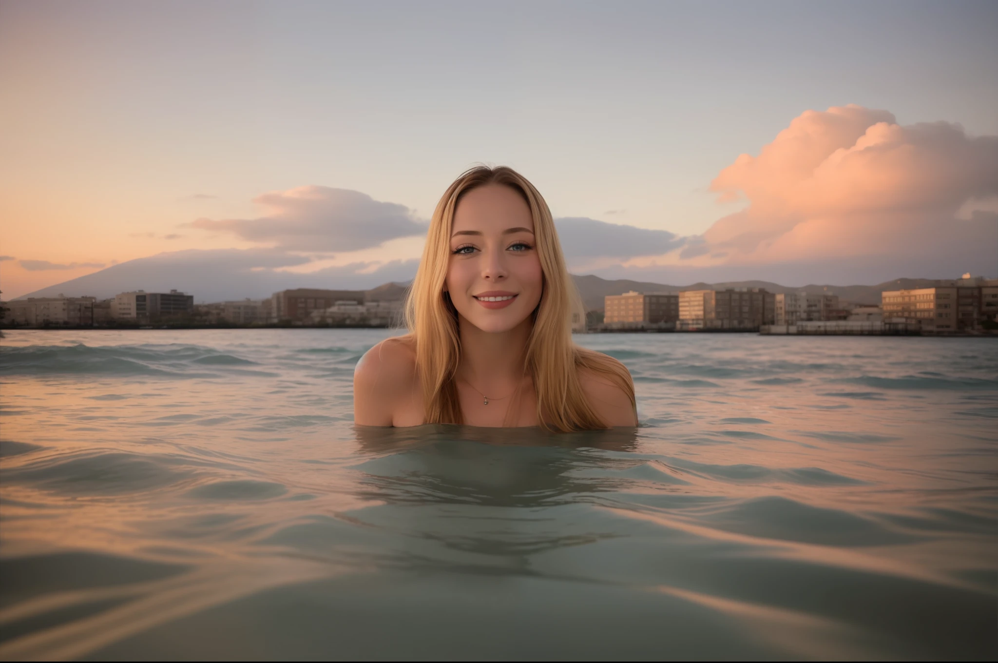 best quality, masterpiece, photo realistic, 8k, 4k, extreme res, ultra high res, dynamic lighting, real lighting, sophiadiamond, looking_at_viewer, smile, crystal water, sunny day