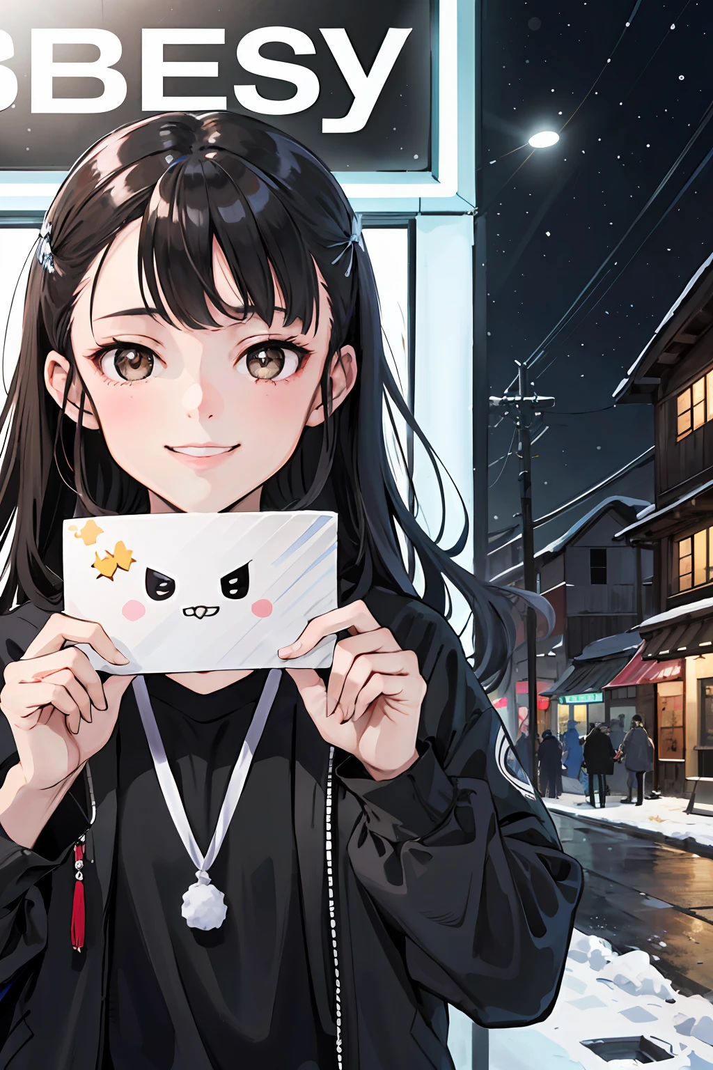 (highres, best quality:1.2), 1girl, Shimada fumikane artstyle, 1girl, sparkling eyes, radiance, soft contours, beautiful drawing, upper body, concept art, neon light, eyelashes, long black hair, sakamoto mio , brown eyes, casual wear, smile, winter, snow, cold