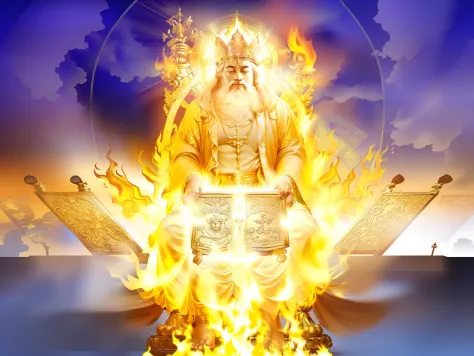 Image of an elderly king with a burning Bible in his hands, holy flame spell, holy fire spell art, gold gates of heaven!!!!!!!!,...