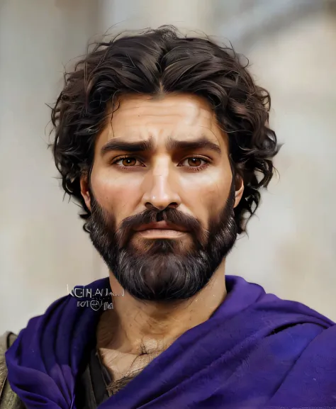 a close up of a man with a beard and a purple shawl, ancient rome man, realistic restored face, brown skin man egyptian prince, ...