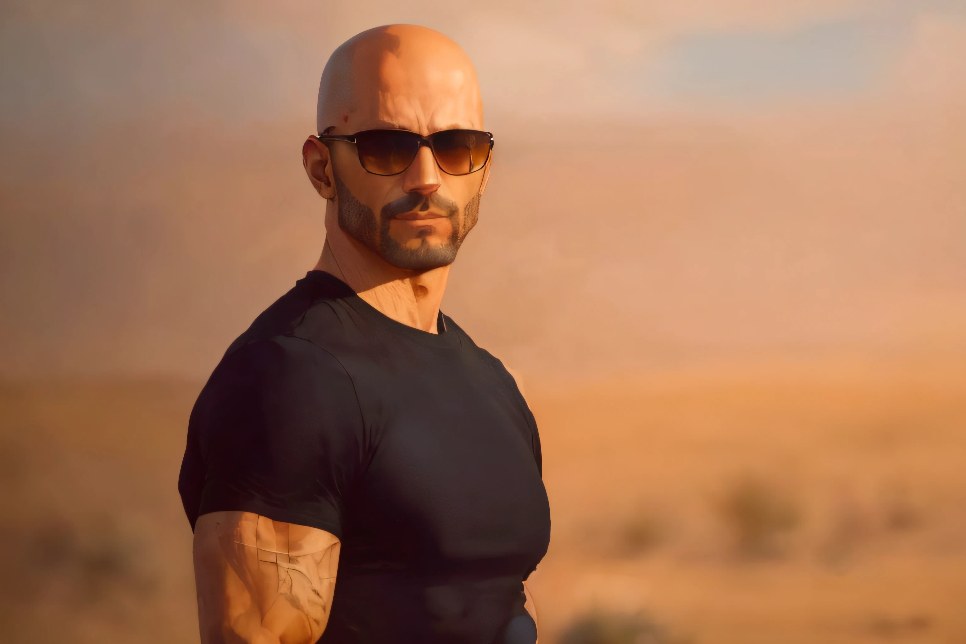 Homem de óculos escuros e camisa preta em pé em um deserto, inspirado em Daryush Shokof, Dominic Toretto, kane do comando & Conquistar, muscular bald man, careca com barba curta, careca e olhar ameaçador, Vin Diesel with a tummy, Vin Diesel, sem cabelo completamente careca, obra-prima, Adar Darnov