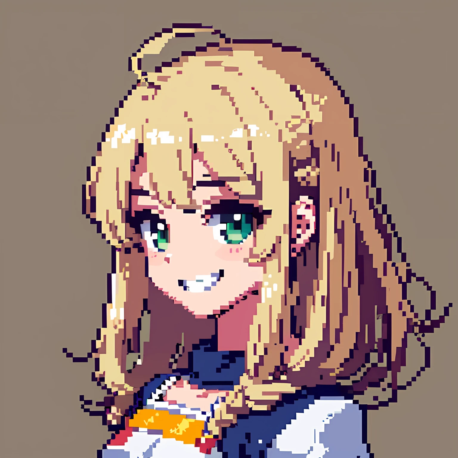 hcnone, pixel art, masterpiece, pixel, 1girl, portrait, beige blonde hair, light brown hair, green eyes, , , face only, looking at viewer, profile picture, smile, grin, tsundere, ahoge, anime style, cute, simple background, grey background