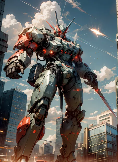 masterpiece, best quality, sky, cloud, holding_weapon, glowing, robot, building, glowing_eyes, mecha, science_fiction, city, rea...