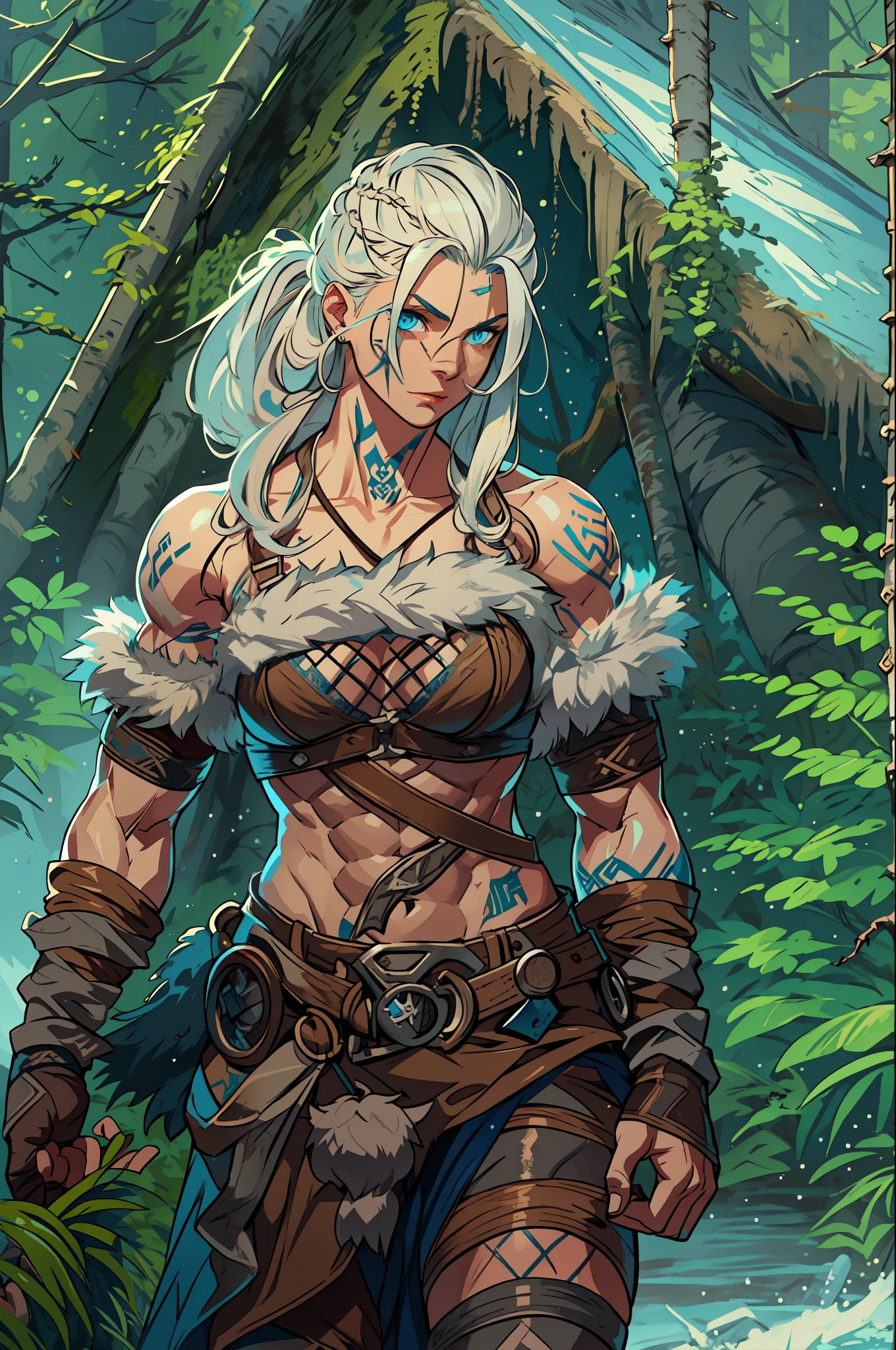 vikinga femenina, (joven:1.2), (muscular:1.2), adaptar, vistiendo pieles y cueros marrones, (blue nórdico tattoos:1.2), blue eyes, cabello rubio platino. El entorno es un bosque escandinavo en invierno, brazos desnudos, Naval expuesto, (abdominales:1.2). muy detallado, nórdico, frenético, músculos del brazo, músculos de las piernas, voluminoso, correas de cuero