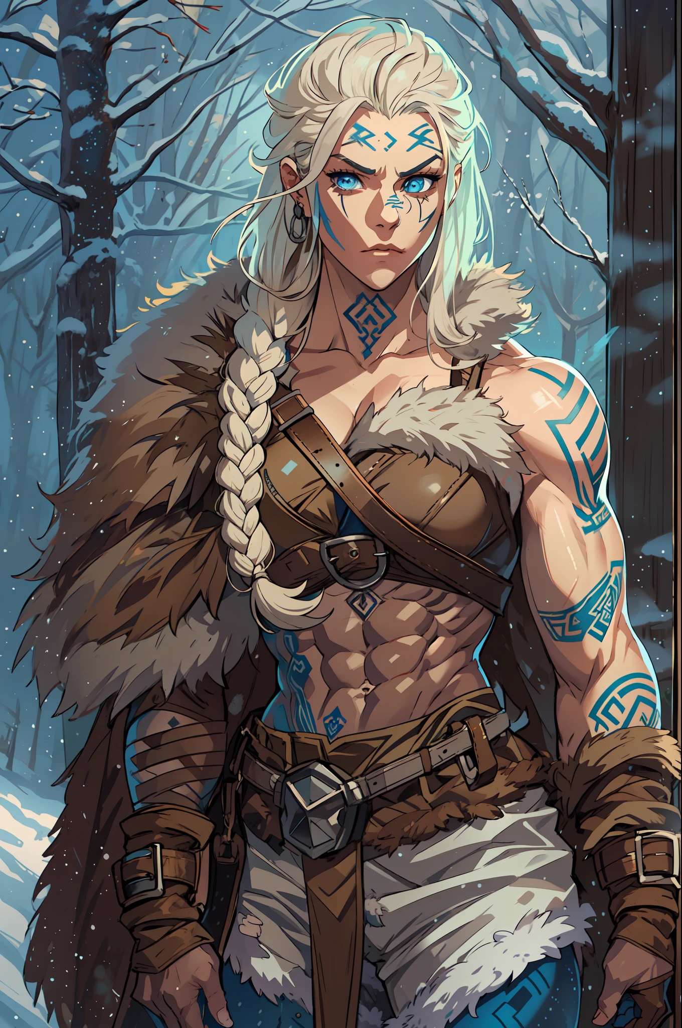 Female viking, (young:1.2), (muscular:1.2), fit, wearing brown furs and hides, (blue norse tattoos:1.2), blue eyes, platinum blonde hair. Setting is a Scandinavian forest in winter, bare arms, exposed naval, (abs:1.2). Highly detailed, norse, berserker, arm muscles, leg muscles, bulky, leather straps