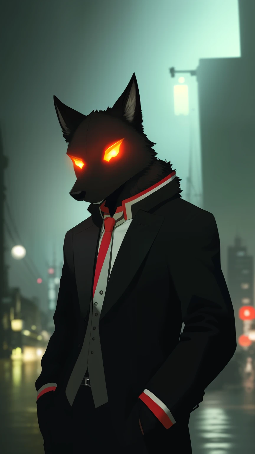 anthro, Man Black Dog, (protogen:1.1), Mechanical parts, whiskers, Very detailed portrait of a solo-1 man, Standing in the streets, during a downpour, neon and cyberpunk background, She is dressed in coat-clothes, tie, detailed glowing red eyes with distinct pupils, the sinister aura of Halo, ssmile, ciberpunk, back light, chromatic aberration, Depth of field, soft-lighting, tmasterpiece, beste-Qualit, an intricate, tone mapped, Detailed, Artstation, ConceptArt, fluent, sharp-focus, dramatic  lighting, Highly detailed works of art, Filmic, hyper-realistic painting, Trending on ArtStation, 8K,  Incredible shadows, Realistic, (high detailed background:1.0)