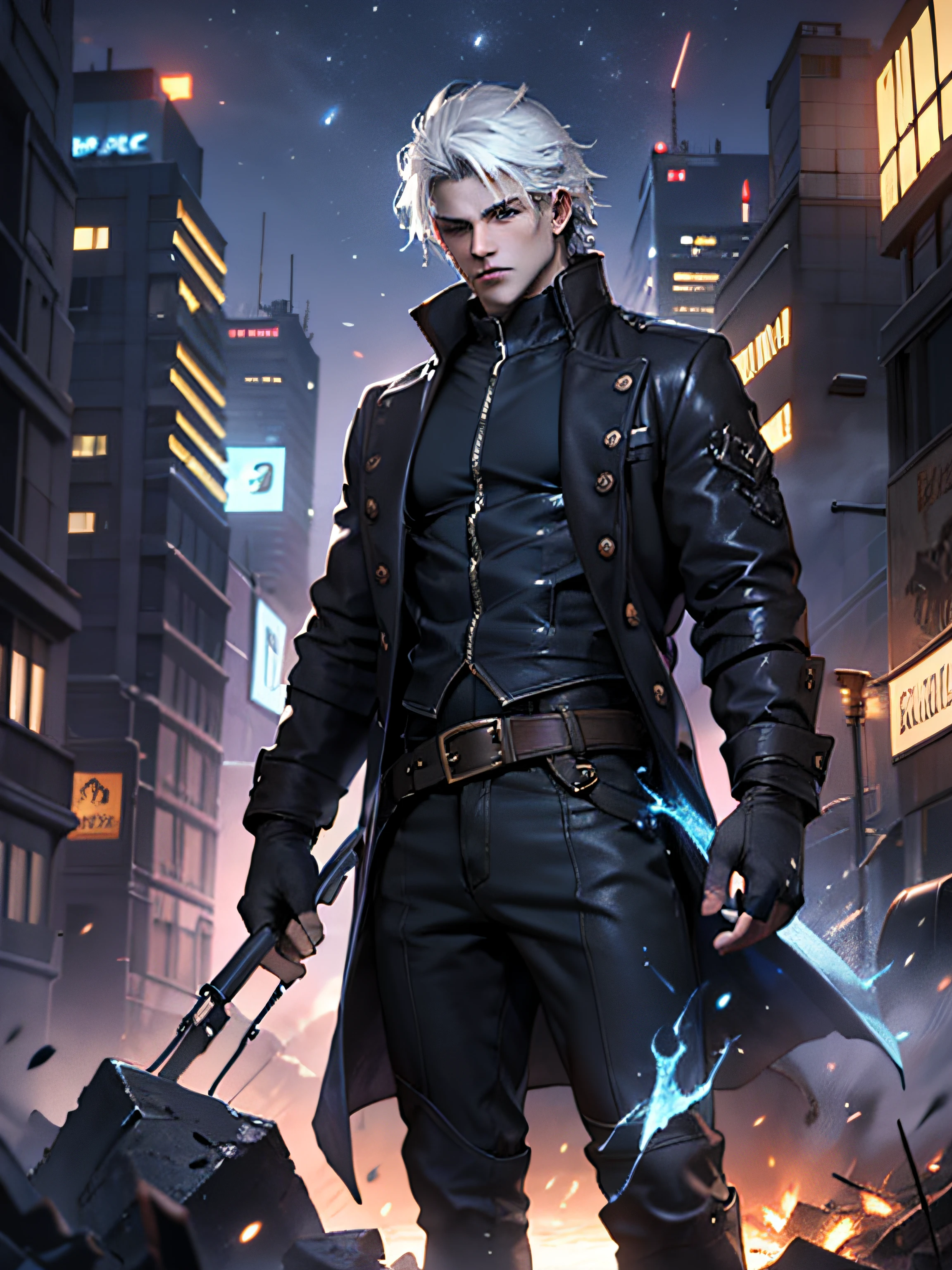 (masterpiece, best quality:1.2), 1boy, dante, white hair, open clothes, coat, fingerless gloves, belt, city, detailed eyes, destroyed buildings, destruction, (night:1.4), natural lighting, cinematic, epic, Battle pose, surrounded by blue fire, wallpaper 4k, highest quality digital art, Stunning art,8k,k, HD, unparalleled masterpiece, dynamic lighting, cinematic, epic