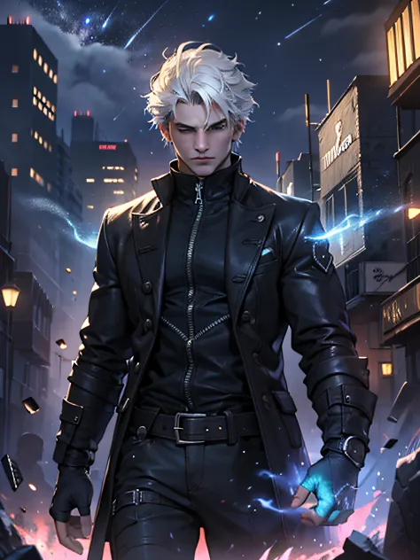 (masterpiece, best quality:1.2), 1boy, dante, white hair, open clothes, coat, fingerless gloves, belt, city, detailed eyes, dest...