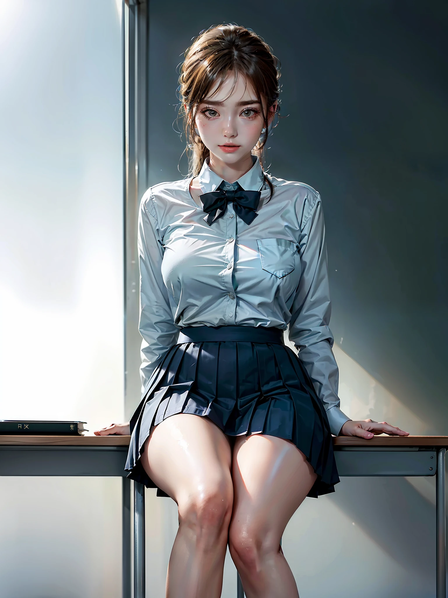, skirt, (high thighs), (((head off the board))), (sitting in the chair), (((classroom)), (((under the table view)))), crossed legs, masterpiece, best quality, extremely detailed, scenery