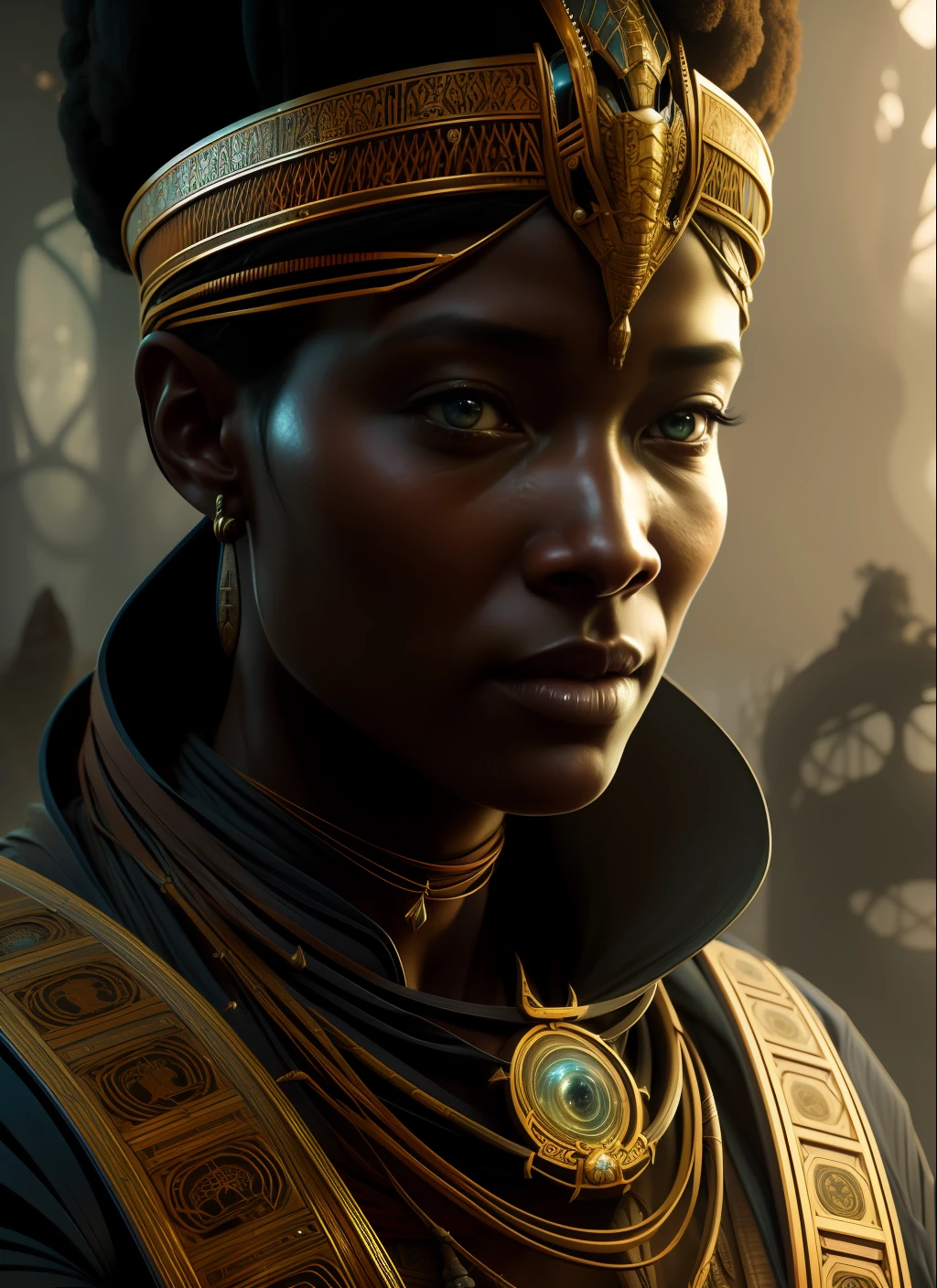 a hyper realistic character concept art of a beautiful african tribe woman, 4K symmetrical portrait,character concept art, oilpainting, Rendered in Octane,trending in artstation, cgsociety, 8k post-processing highly detailed,Junji Murakami, Mucha Klimt, Sharandula, Hiroshi Yoshida, Tom Bagshaw, Ross Tran, Artgerm,Craig Mullins,dramatic,Junji Murakami, moody lighting rendered by octane engine,characters 8K symmetrical arstation, cape,cinematic lighting, intricate details, 8k detail post processing, hyperealistic, octane rend, Zdzisław Beksiński style