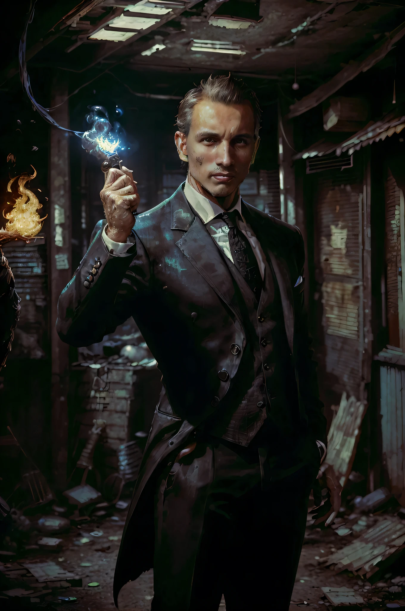 There's a man in a suit holding a blue light, Harry Potter em Cyberpunk