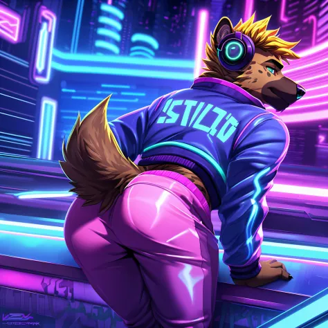 Hyena, male, solo, anthro, (bending over barrier), city, from behind, butt, (neon cyberpunk jacket), (listening to music), close...