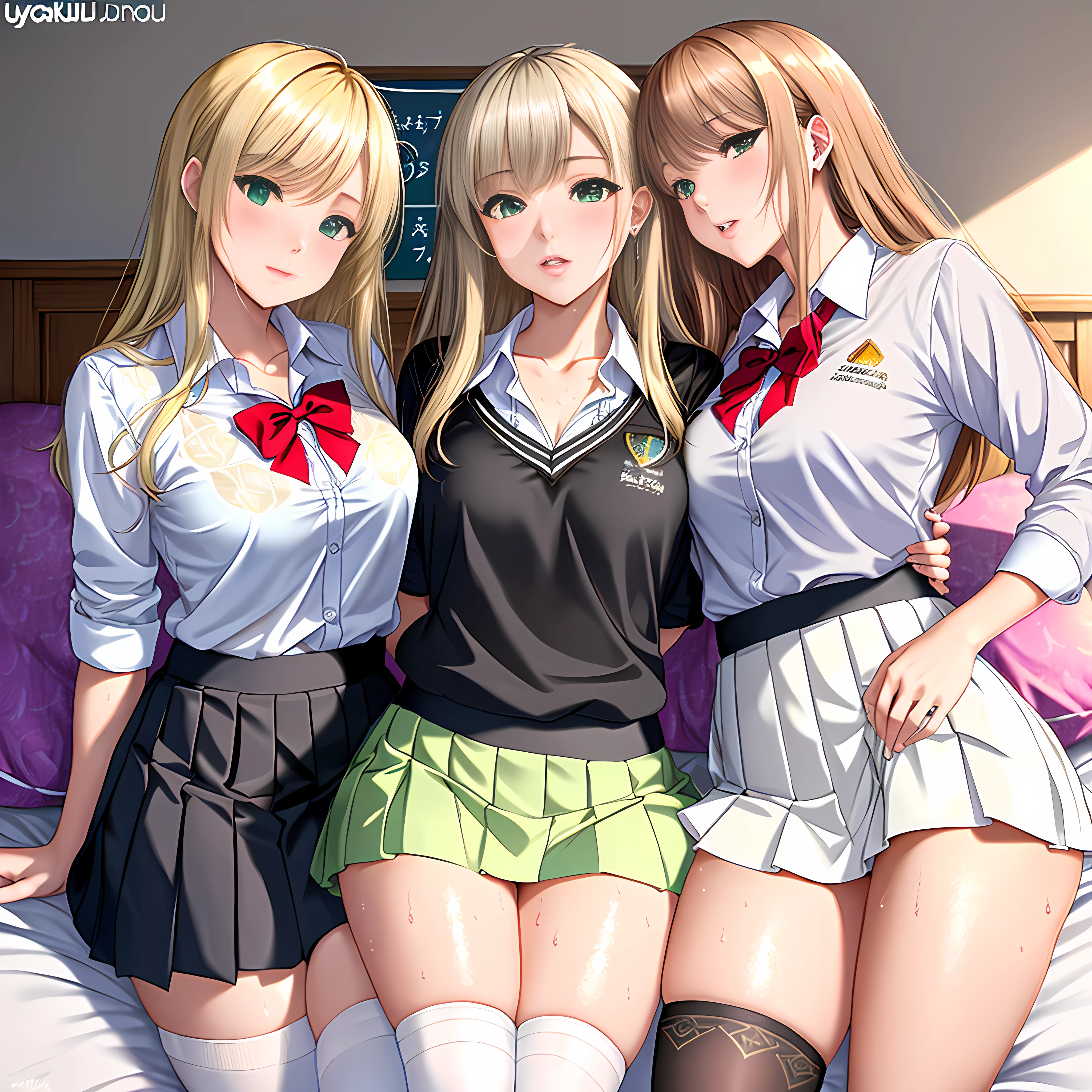 In her room, in a school for young ladies, two beautiful European girls, lying on the bed one on top of the other, kissing passionately, red-faced, moaning, sweaty and wet body, while fingering each other's crotch, masturbating each other and caressing each other's  over their panties, /(blonde with green eyes, beautiful facial features, perfect hands, perfect detailed eyes, thin lips, hourglass body, small waist, shapely legs, big chest,), beautiful gradient, Full body, Beautiful anime style girl, clean detailed facesKawaii, anime girl, dynamic pose, (school uniform: grey V-neck blouse with lace and neckline, black mini-skirt with pleats and butterfly patterns, white knee-high stockings with diamond patterns, red bow tie), massive chest, full body, Uhd digital painting, hyperdetailed triadic colors, unreal engine, intricate detail, complementary colors, 8k resolution, heavy strokes, dynamic light source