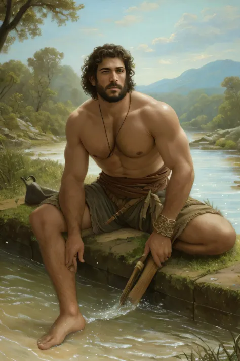 close up of 1 man, attractive, of tunisian descent, barbarian sitting by a river, a moonlit night, beautiful face, beautiful sky...