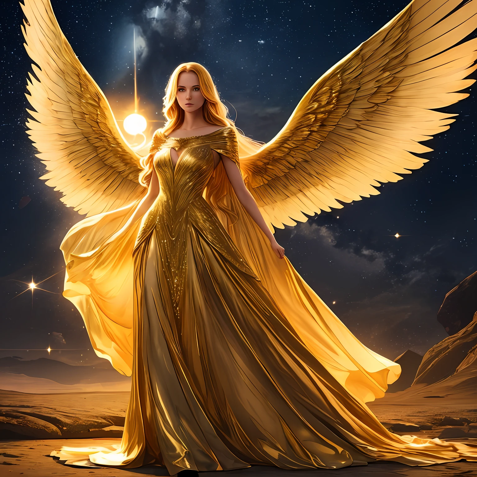 uma mulher com longo, cabelos dourados, com asas majestosas nas costas, está em uma paisagem noturna iluminada por uma luz suave. Seu vestido é dourado e fluido, combinando perfeitamente com o brilho das estrelas ao fundo. --auto