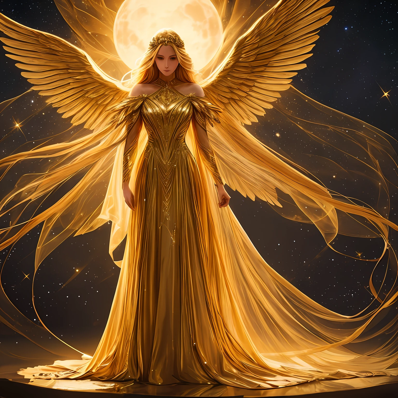 uma mulher com longo, cabelos dourados, com asas majestosas nas costas, está em uma paisagem noturna iluminada por uma luz suave. Seu vestido é dourado e fluido, combinando perfeitamente com o brilho das estrelas ao fundo. --auto