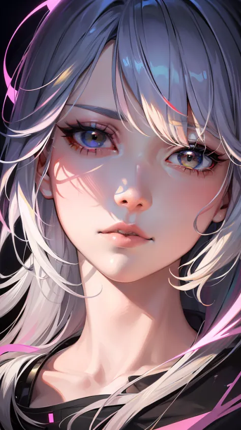 a Japanese girl, realistic, light pink and yellow, charming character illustrations, yellow and black and pink, cyberpunk, Diagonally looking down in a downward right direction, icy stare, streaked hair, multicolored hair, silver hair, pink hair, empty eye...